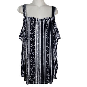 Lane Bryant Womens Top Swing Tee Size 26/28 Floral Striped Cold Shoulder Black